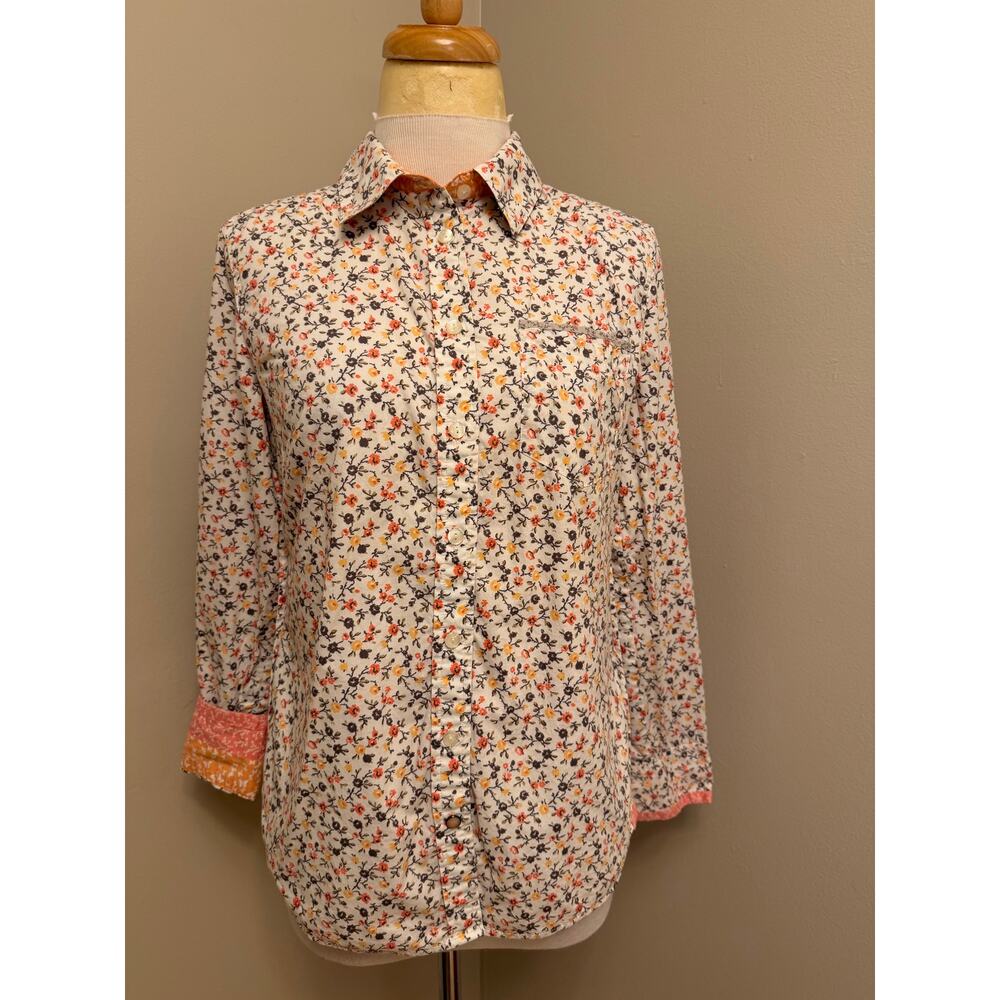 Banana Republic 100% Cotton Button Front Blouse Floral Cream/Peach  Sz Small